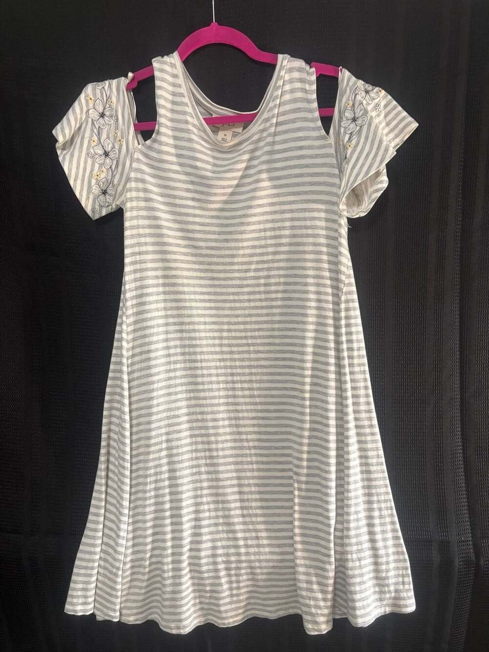 Style & Co. Grey and White Striped Cold Shoulder Embroidered Floral Dress